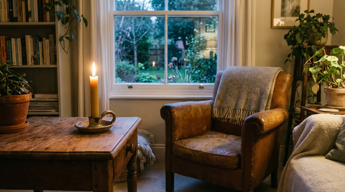Friedliches Zimmer mit einer brennenden Kerze auf einem Beistelltisch