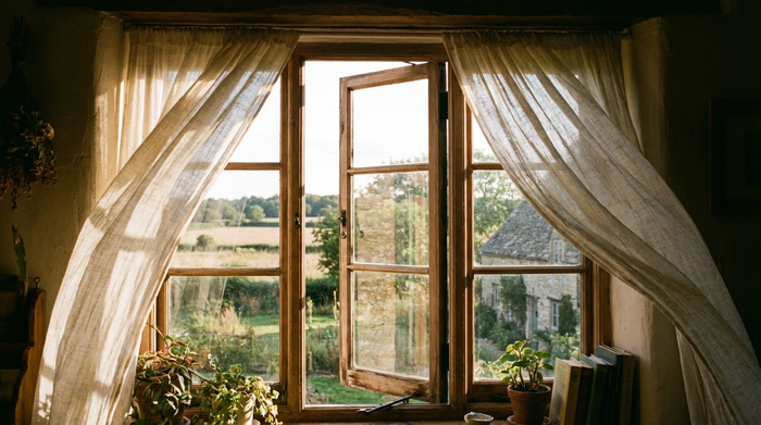 Ein leicht geöffnetes Fenster mit wehenden hellen Vorhängen