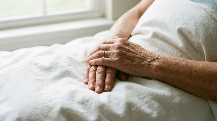 Gefaltete Hände auf einer sauberen weißen Decke