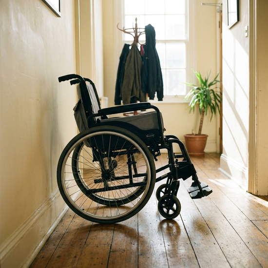 Zusammengeklappter Rollstuhl in einem hellen Flur