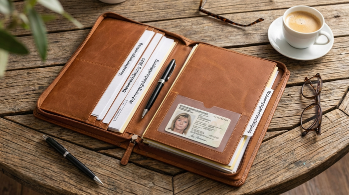 Ordentlich sortierte Mappe mit wichtigen Dokumenten und einem Personalausweis auf einem Holztisch