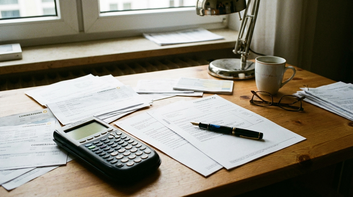 Ein Taschenrechner, Bankunterlagen und ein Stift auf einem Schreibtisch
