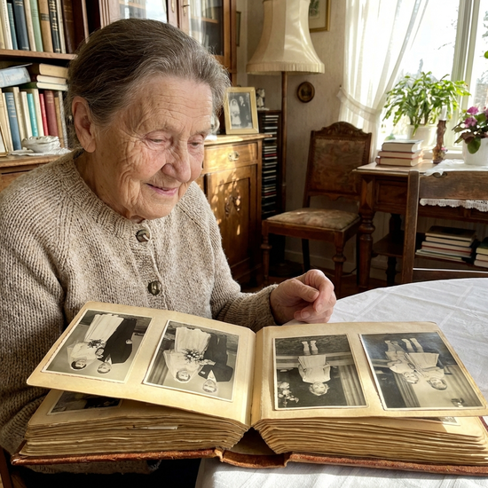 Ältere Dame betrachtet mit einem sanften Lächeln ein altes Fotoalbum