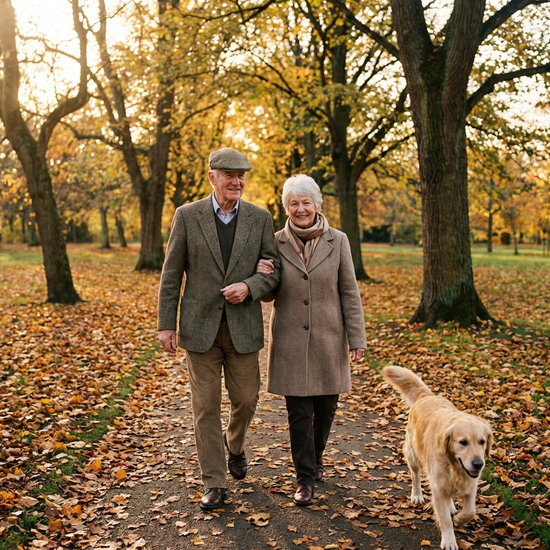 Zwei Senioren spazieren ruhig nebeneinander durch einen herbstlichen Park