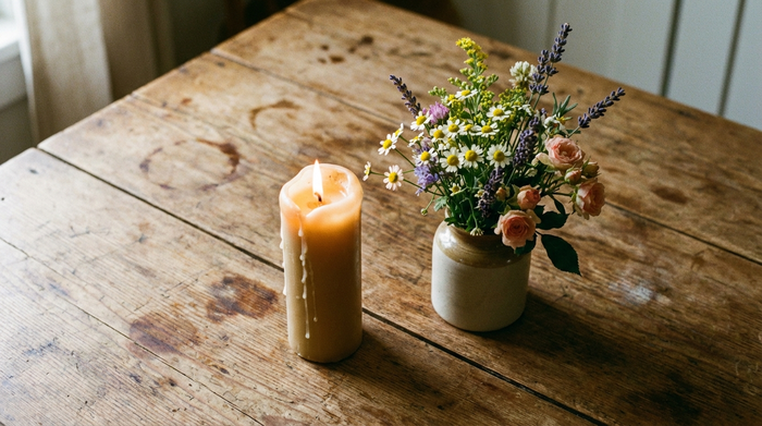 Eine brennende Kerze neben einem kleinen Blumenstrauß auf einem Holztisch