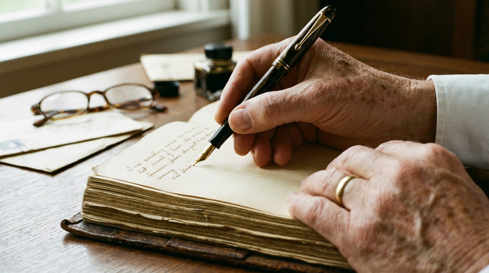 Ältere Hand schreibt mit einem Füller in ein gebundenes Notizbuch