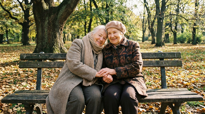 Zwei ältere Frauen sitzen vertraut auf einer Parkbank und halten sich an den Händen