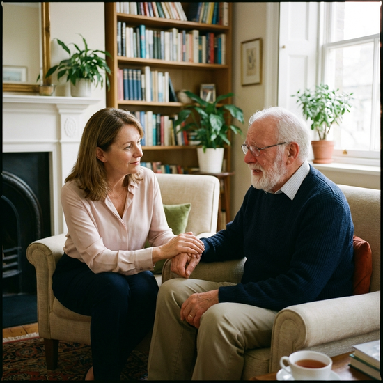 Einfühlsame Therapeutin hört einem älteren Herrn aufmerksam zu