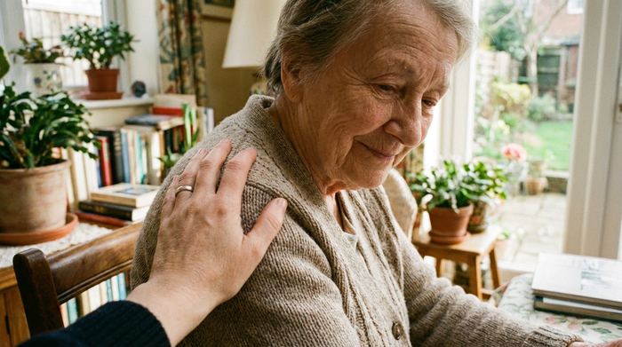 Eine beruhigende Hand liegt tröstend auf der Schulter einer älteren Frau