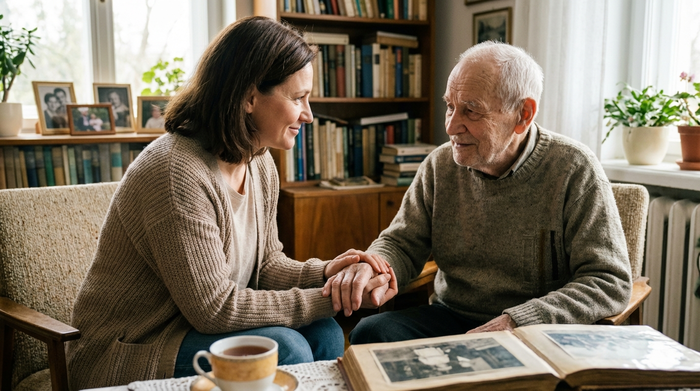 Einfühlsame Pflegerin hält die Hand eines älteren Patienten im eigenen Zuhause