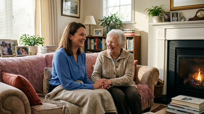 Professionelle Betreuungskraft und Seniorin lachen gemeinsam im gemütlichen Wohnzimmer