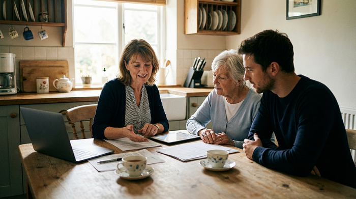 Angehörige und professionelle Pflegeberaterin im gemeinsamen, beratenden Gespräch am Küchentisch