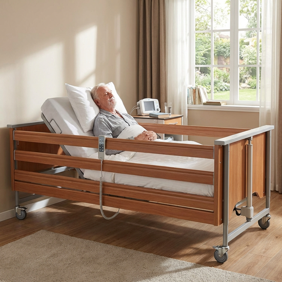 Pflegebett mit aufgerichtetem Rückenteil zur Erleichterung der Atmung