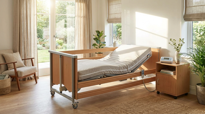 Hochwertige Anti-Dekubitus-Matratze auf einem Pflegebett in einem hellen Schlafzimmer