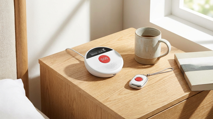Kompaktes Hausnotruf-Gerät und mobiler Notrufknopf auf einem hellen Nachttisch