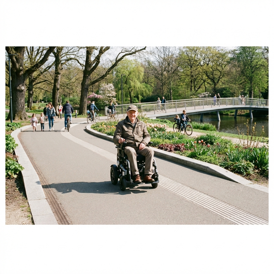 Senior im modernen Elektrorollstuhl auf einem barrierefreien Weg im Park