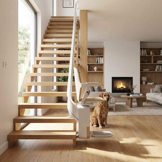 Moderner Treppenlift an einer hellen Holztreppe im Einfamilienhaus