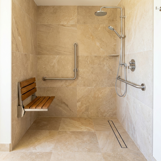 Barrierefreie, bodengleiche Dusche mit stabilem Duschklappsitz und sicheren Haltegriffen