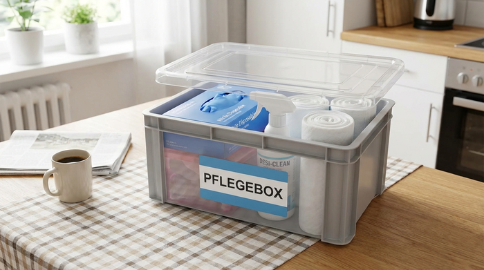 Praktische Pflegebox mit Einmalhandschuhen, Desinfektionsmittel und Bettschutzeinlagen auf einem Küchentisch