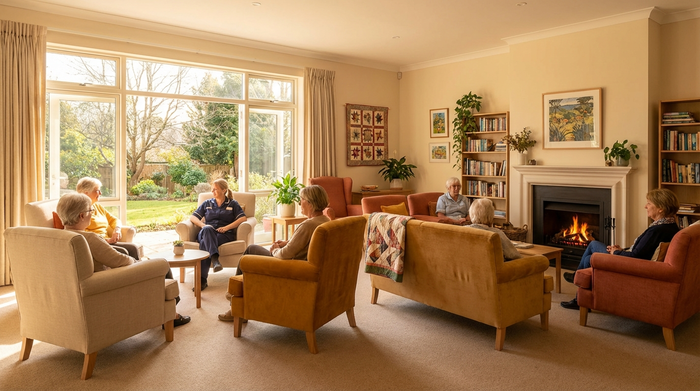 Heller, einladender Aufenthaltsraum in einem Tageshospiz mit bequemen Sesseln, großen Fenstern und warmem Licht