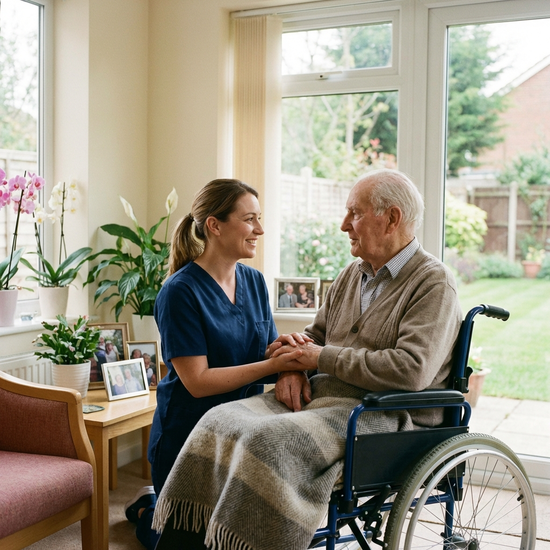 Einfühlsame Pflegerin hält die Hand eines älteren Herrn im Rollstuhl