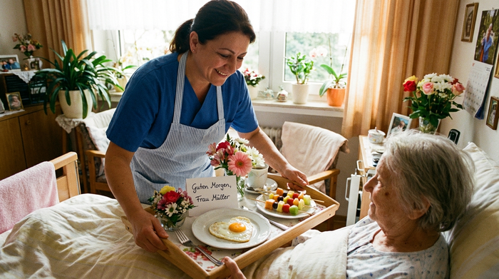 Pflegerin serviert liebevoll angerichtetes Frühstück am Bett