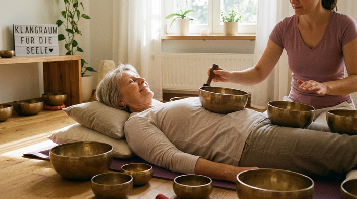 Ältere Dame entspannt bei sanfter Musiktherapie mit Klangschalen