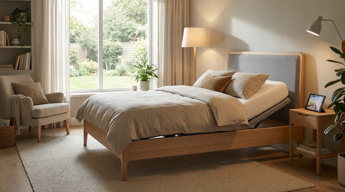 Modernes, gemütliches Pflegebett in einem ruhigen Zimmer