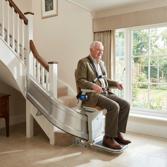 Senior fährt sicher mit einem modernen Treppenlift ins Erdgeschoss