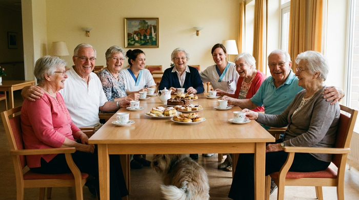 Fröhliche Runde von Senioren und Pflegekräften beim gemeinsamen Kaffeetrinken am Tisch