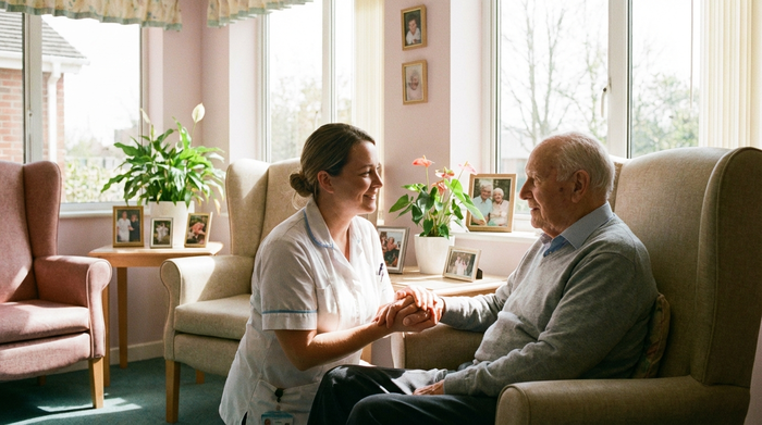 Einfühlsame Pflegekraft hält sanft die Hand eines älteren Bewohners im Pflegeheim, helles und ruhiges Zimmer, friedliche Atmosphäre