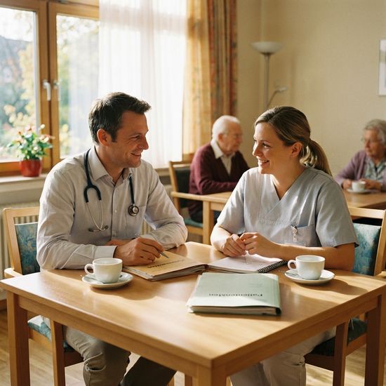 Arzt und Pflegekraft besprechen sich ruhig an einem Tisch im Pflegeheim, Akten liegen bereit