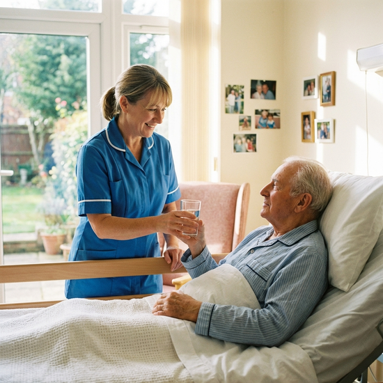 Pflegekraft reicht einem Senioren im Pflegebett ein Glas Wasser, zugewandte und ruhige Ausstrahlung