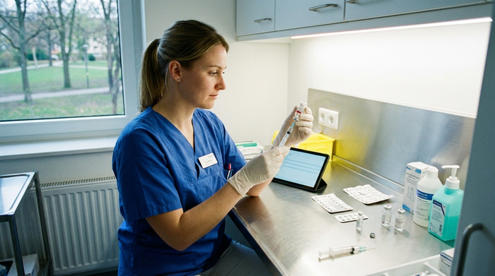 Spezialisierte Pflegekraft bereitet Medikamente an einem sauberen Arbeitsplatz vor