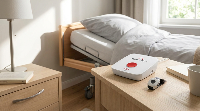 Hausnotruf-Gerät griffbereit auf einem hellen Nachttisch neben einem Pflegebett