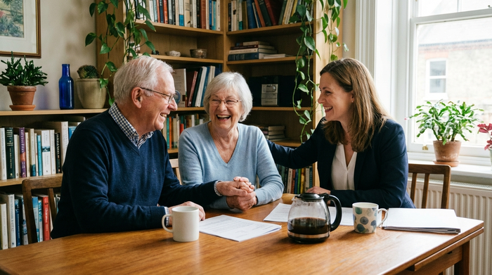 Älteres Ehepaar sitzt gemeinsam mit einer Beraterin am Tisch, entspannte und vertrauensvolle Gesprächsatmosphäre