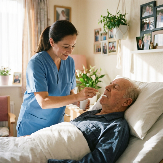 Pflegekraft führt eine sanfte Mundpflege bei einem ruhenden Senioren durch