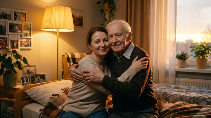 Angehörige umarmt ihren älteren Vater im Pflegeheim, beide lächeln leicht, warme Beleuchtung
