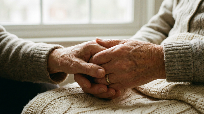 Nahaufnahme von zwei Händen, die sich sanft und tröstend halten
