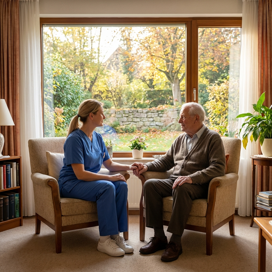 Pflegerin und Senior sitzen ruhig nebeneinander am Fenster und schauen nach draußen