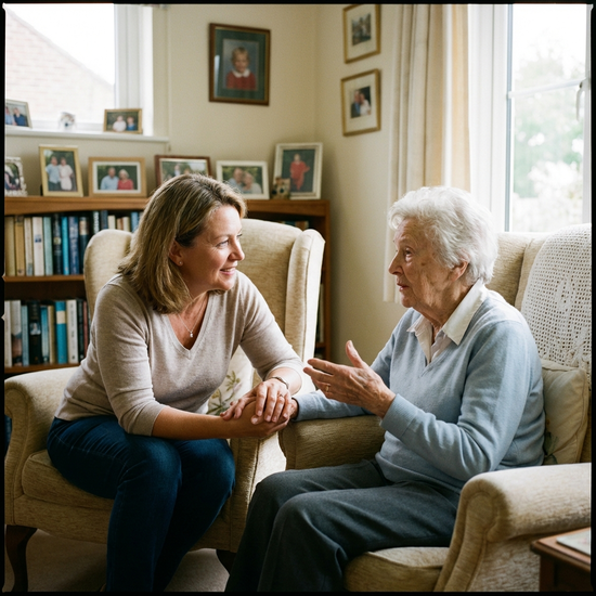 Angehörige hört älterer Dame aufmerksam und zugewandt zu