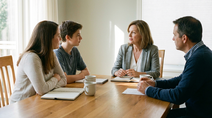 Professionelle Beraterin im ruhigen und klärenden Gespräch mit einer Familie am Esstisch