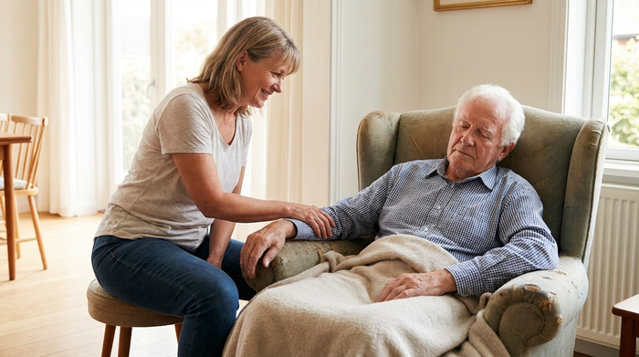 Angehörige streichelt sanft den Arm eines ruhenden Seniors