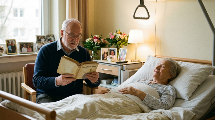 Angehöriger sitzt ruhig am Bett und liest aus einem Buch vor