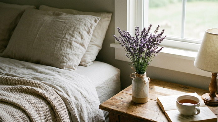 Ein kleiner Strauß frischer Lavendel auf dem Nachttisch neben dem Bett