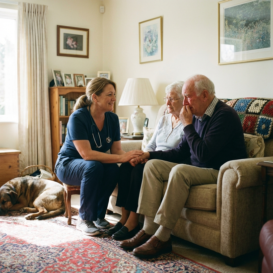 Einfühlsame Palliativpflegekraft im Gespräch mit Angehörigen im Wohnzimmer
