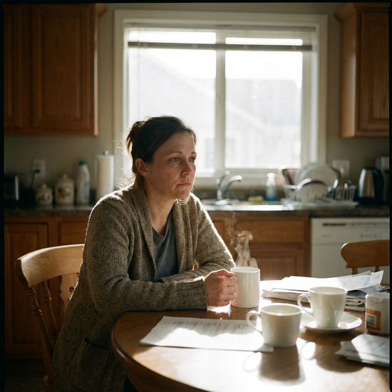 Erschöpfte aber gefasste Angehörige trinkt eine Tasse Tee am Küchentisch