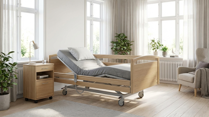 Helles Schlafzimmer mit einem modernen Pflegebett, daneben ein aufgeräumter Nachttisch mit Wasserglas