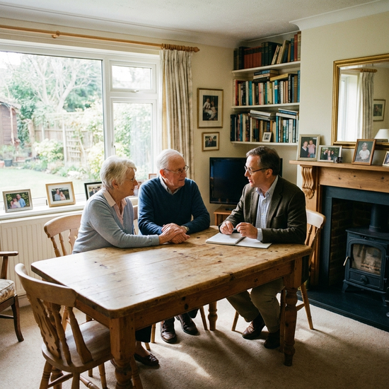 Älteres Ehepaar sitzt gemeinsam mit einem Arzt an einem Holztisch im Wohnzimmer