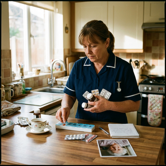 Pflegekraft sortiert Tabletten in einen Medikamentendispenser auf einer Küchenanrichte